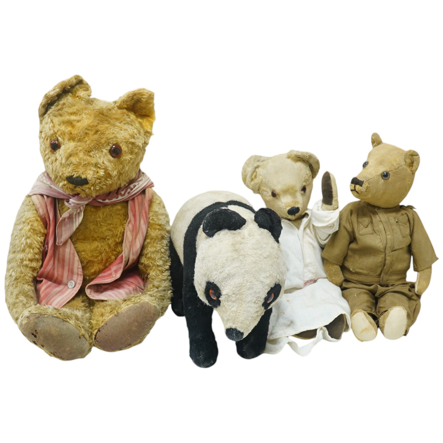 A Panda Invicta bear cotton plush, damage to paw pads, a Merrythought Panda, two other English bears (4). Condition - poor.